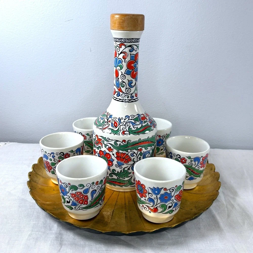 Vintage Keramikos  Greek Metaxa Ouzo Brandy Ceramic Decanter 6 Cup Set